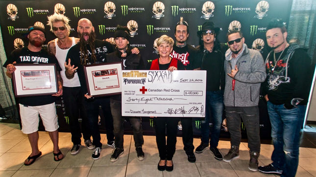 SIXX:A.M., FIVE FINGER DEATH PUNCH, PAPA ROACH Present Cheque To Canadian Red Cross From Tour Proceeds